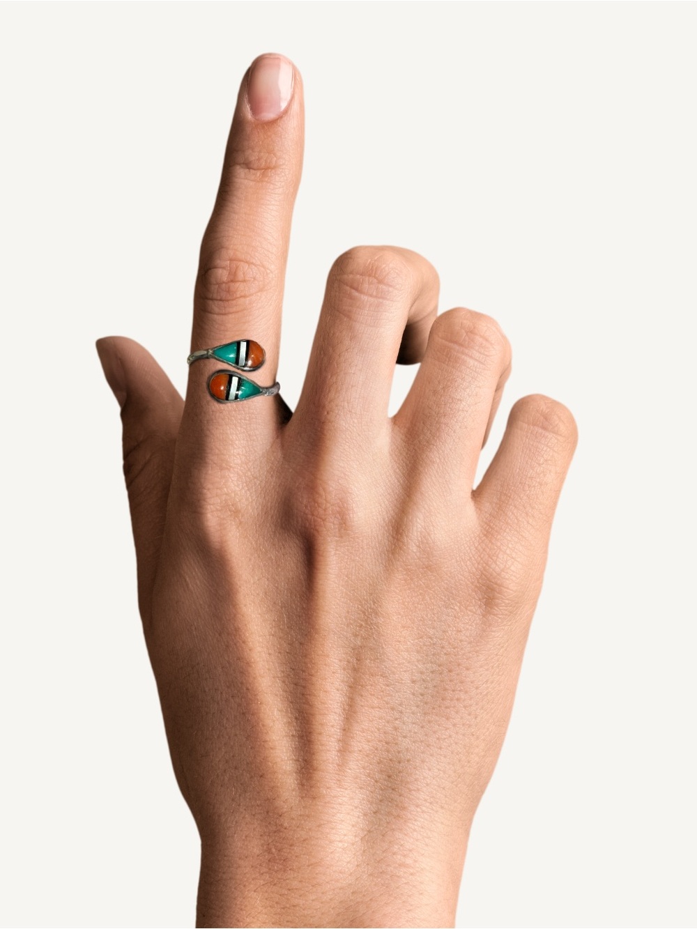 Signed Zuni Sterling Turquoise Coral MOP Onyx Size 6.5 Vintage Bypass Ring - Picture 9 of 10
